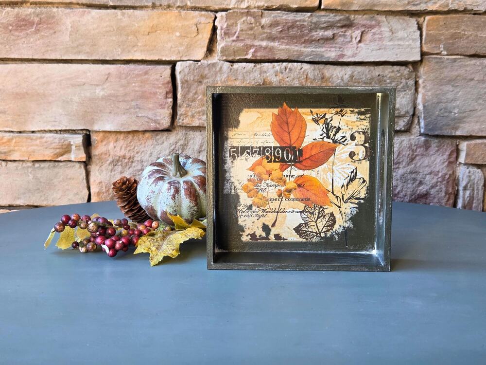 Autumn Collage Art Vintage Leaf Print with Numbers & Script Tray Fall Decor